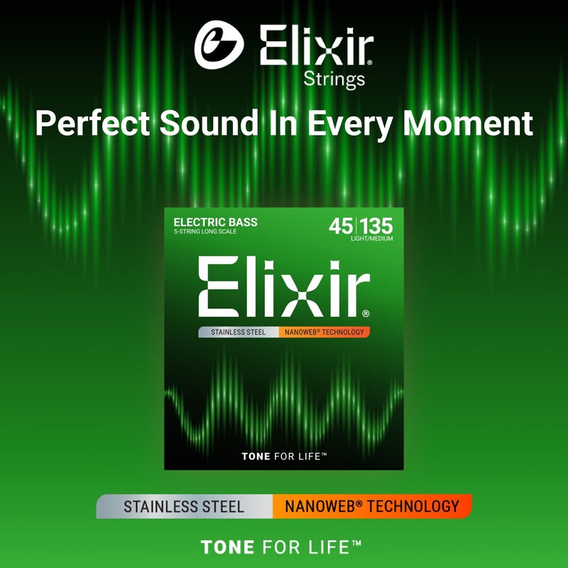 ELIXIR أوتار إلكسير من الفولاذ المقاوم للصدأ 5 أوتار بيز مع طلاء NANOWEB، طول طويل، خفيف/متوسط (.045-.135) - Image 2
